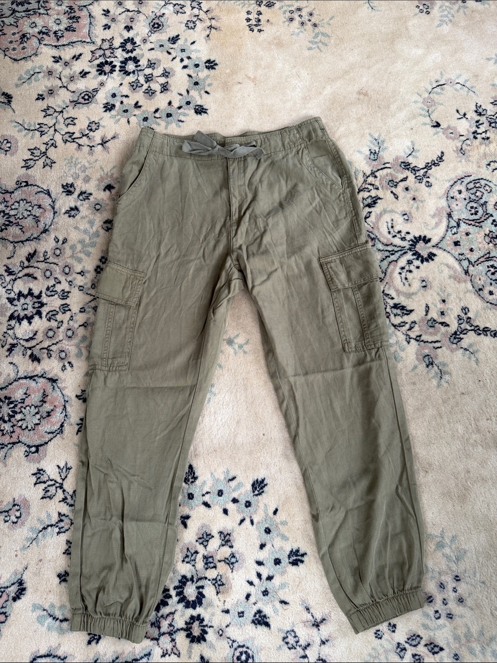 Light Olive Cotton Cargo Pants with Elastic Ankles